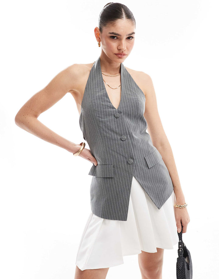 2 In 1 Vest Tailored Pleat Mini Dress In Gray Pinstripe