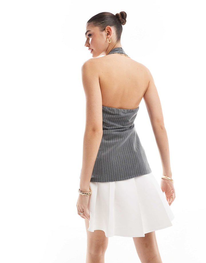 2 In 1 Vest Tailored Pleat Mini Dress In Gray Pinstripe