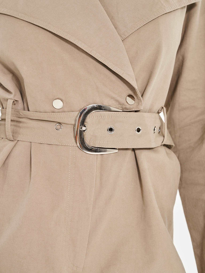 Belted Tailored Jumpsuit with Lapel Detail - Khaki