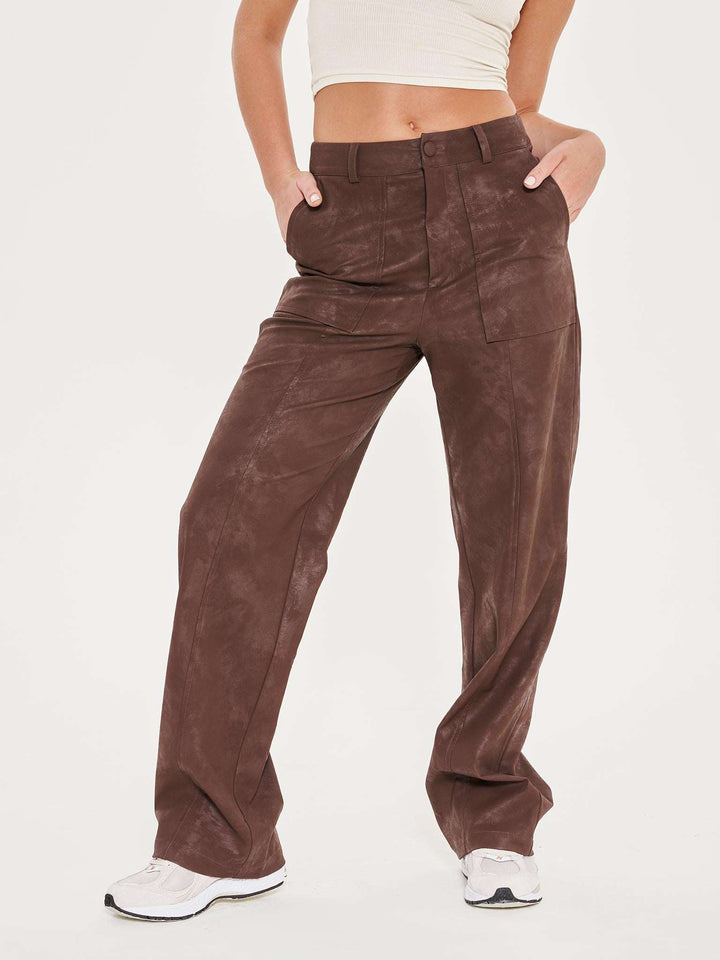 Faux Leather Brown Wide Leg Trousers - Brown