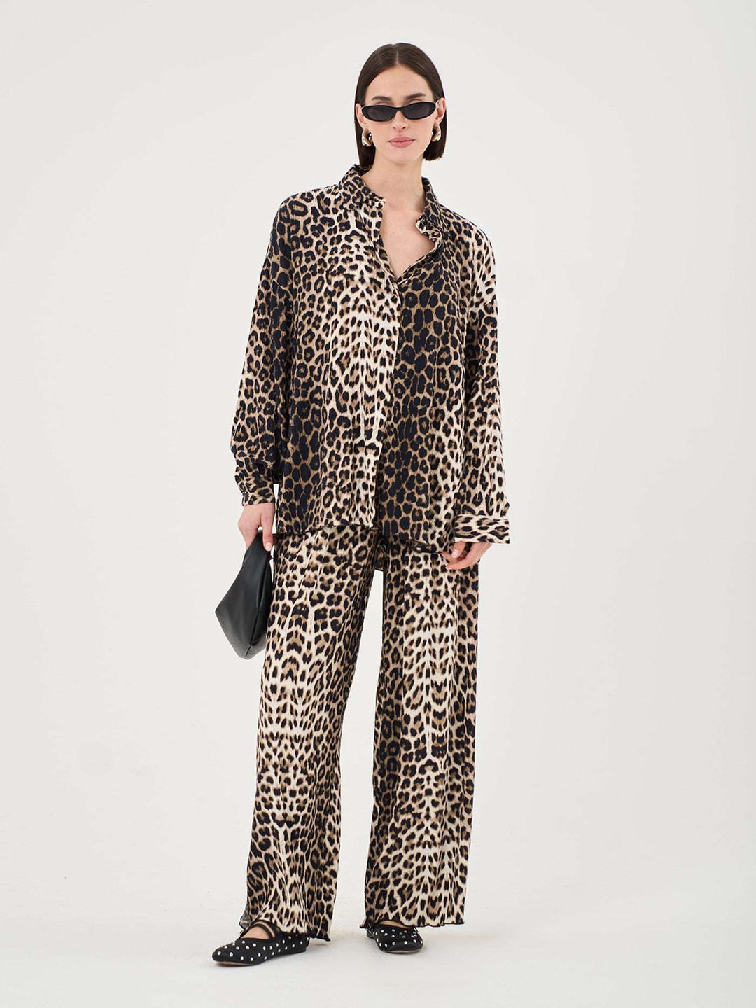 Plisse Button Up Shirt In Leopard Print Co-ord