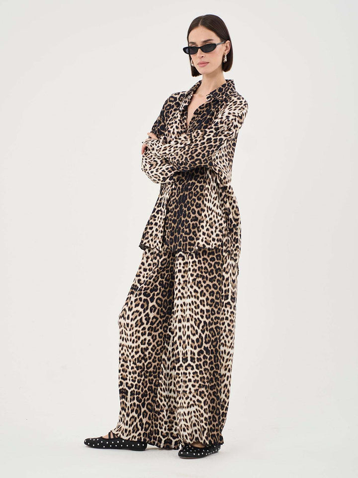 Plisse Button Up Shirt In Leopard Print Co-ord