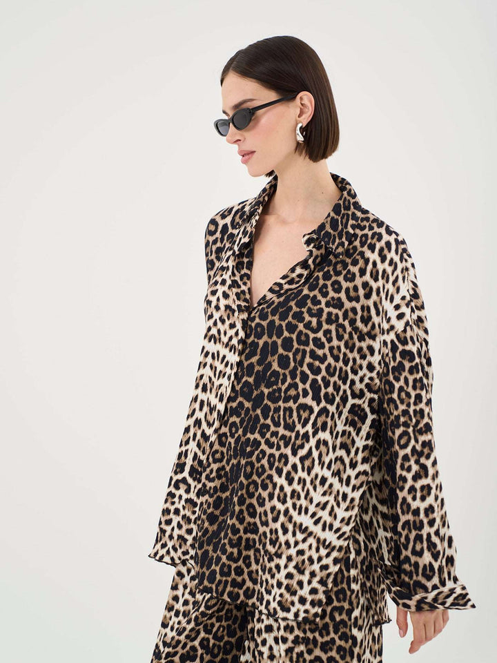 Plisse Button Up Shirt In Leopard Print Co-ord