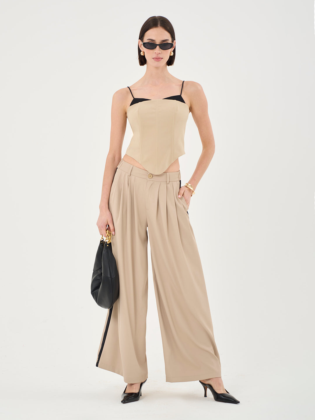 High Waist Pleated Palazzo Pants In Stone & Black - Part Of A Set