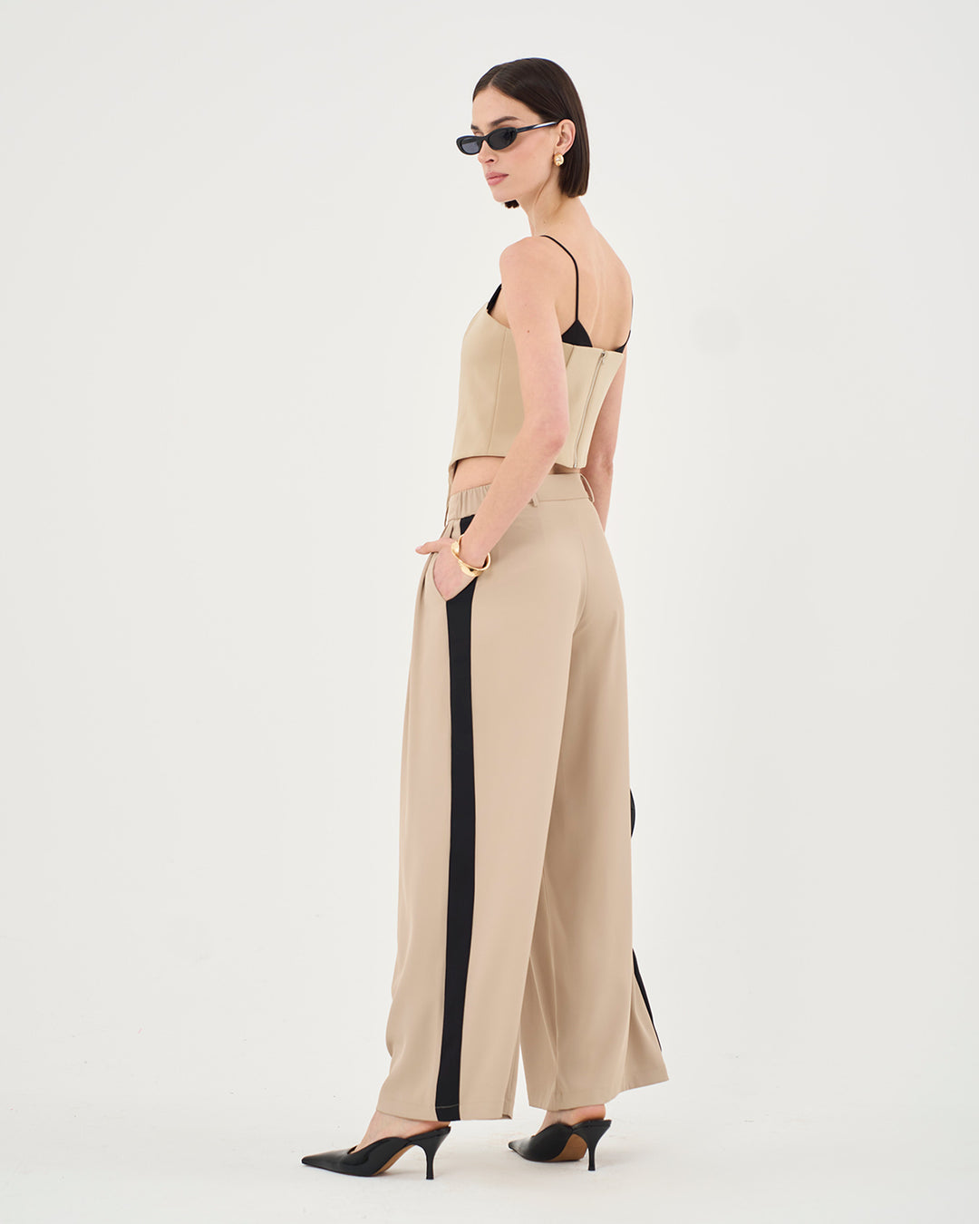 High Waist Pleated Palazzo Pants In Stone & Black - Part Of A Set