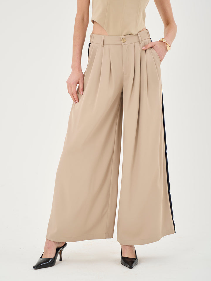 High Waist Pleated Palazzo Pants In Stone & Black - Part Of A Set