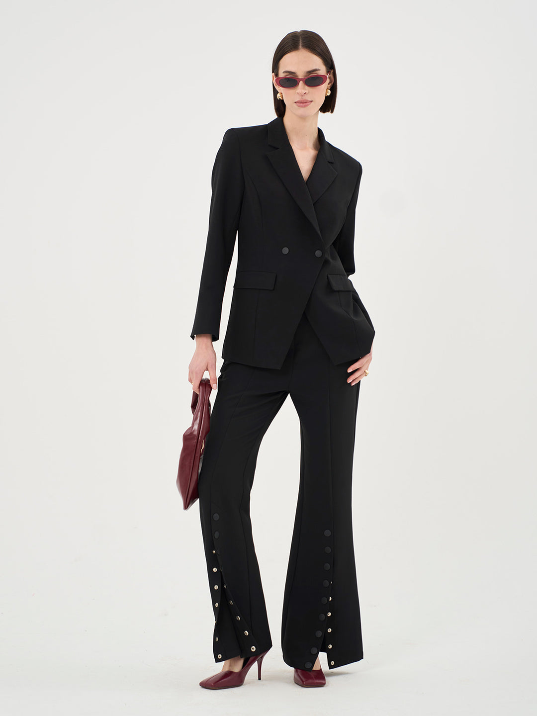 BUTTON DETAIL FLARE LEG TAILORED TROUSER