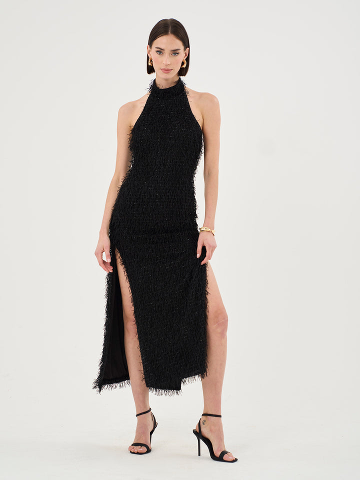 Harley Fringe Knit Halterneck Midi Dress