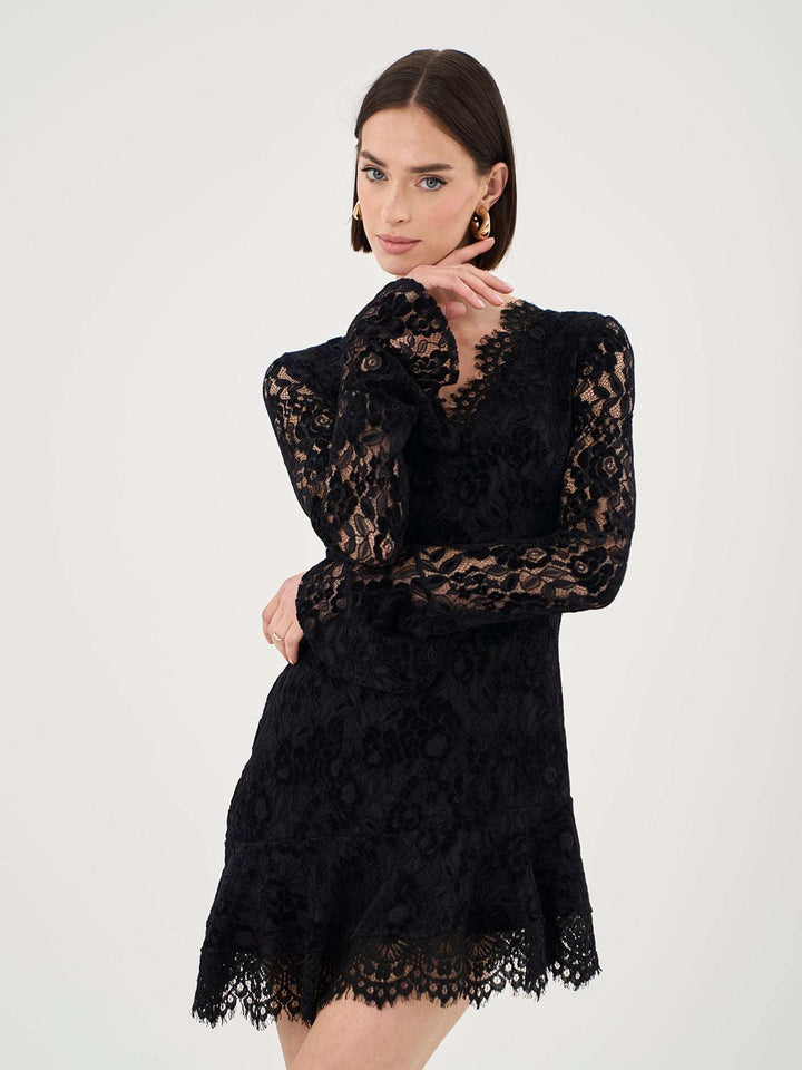 Long Sleeve Asymmetric Lace Mini Dress