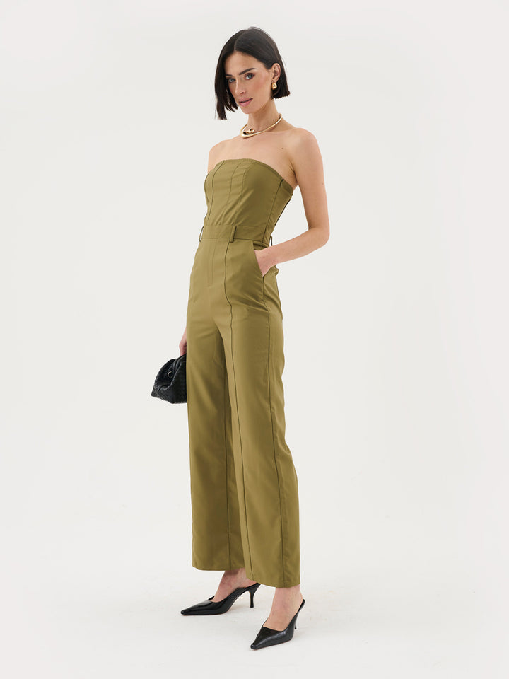 Bandeau Wide Leg Jumpsuit In Khaki