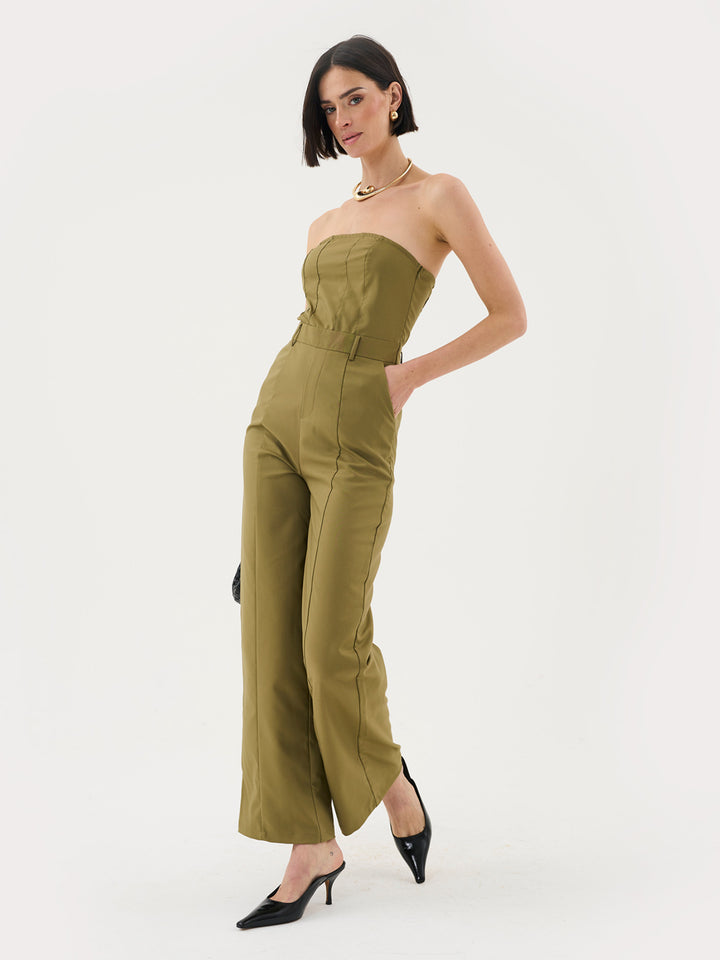 Bandeau Wide Leg Jumpsuit In Khaki