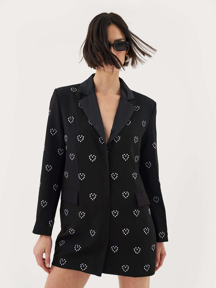 Boxy Blazer Dress With Heart Embellishment in Black