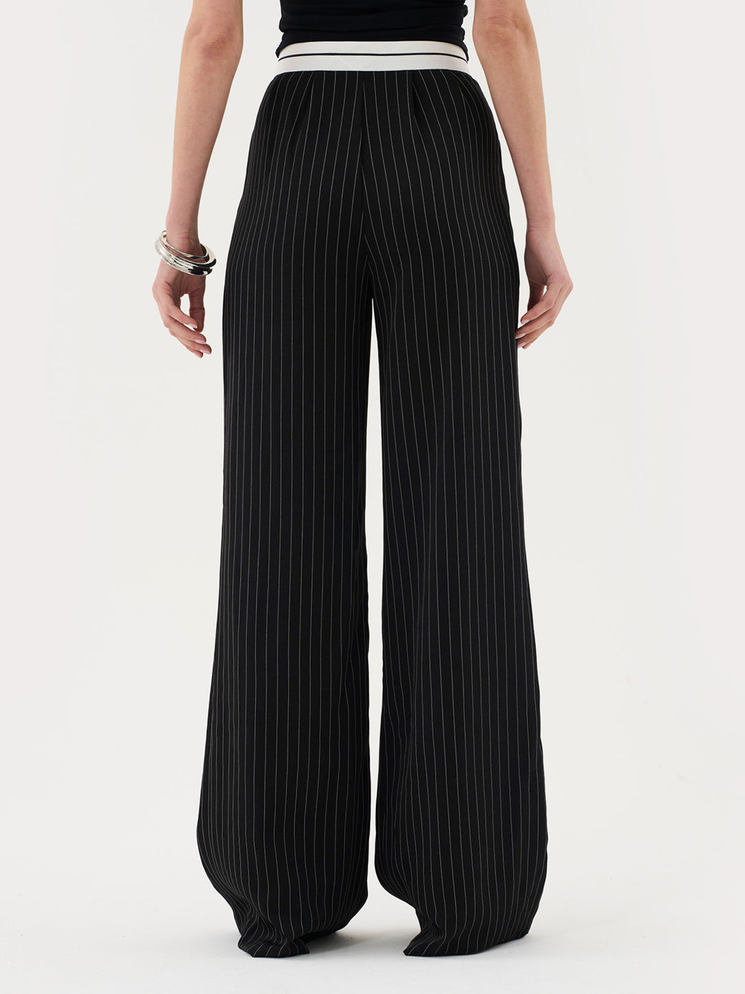 Tailored Pinstripe Trouser with Asymmetric Waistband in Black Co-ord