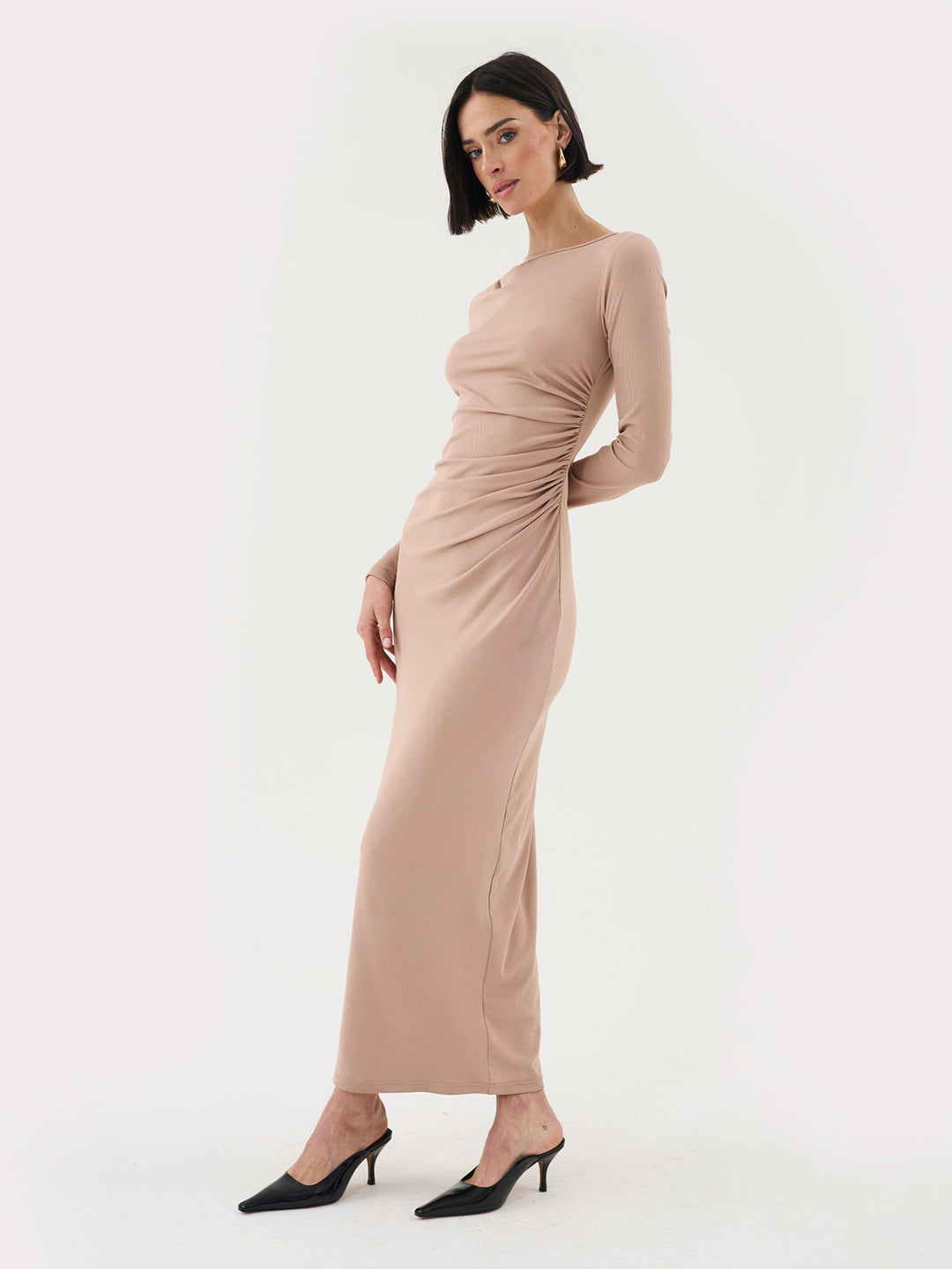 Maxi Dress With Ruching Detail In Camel