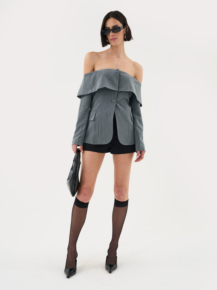 Corset Bandeau Blazer Top In Grey Pinstripe