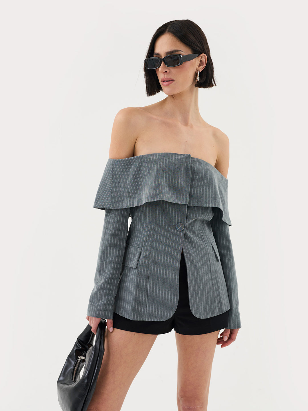 Corset Bandeau Blazer Top In Grey Pinstripe