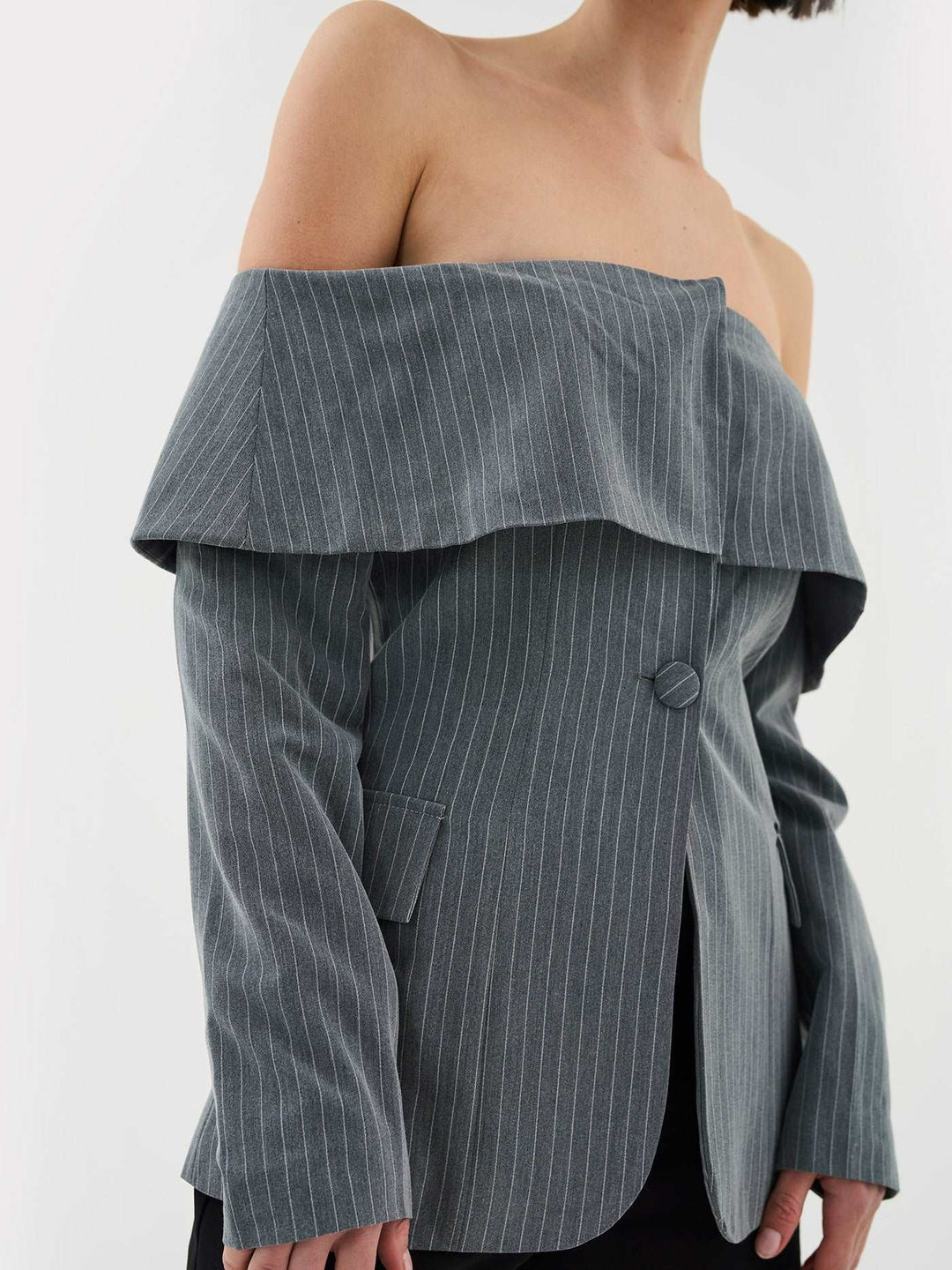 Corset Bandeau Blazer Top In Grey Pinstripe