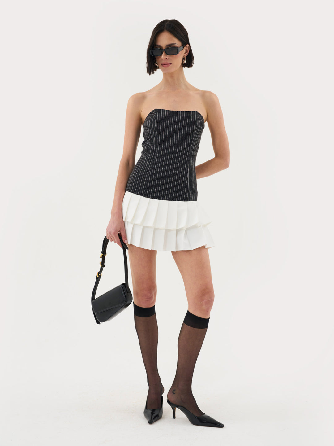 Pinstripe Mini Bandeau Dress In Black