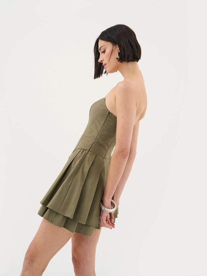 Bandeau Pleated Mini Dress In Khaki