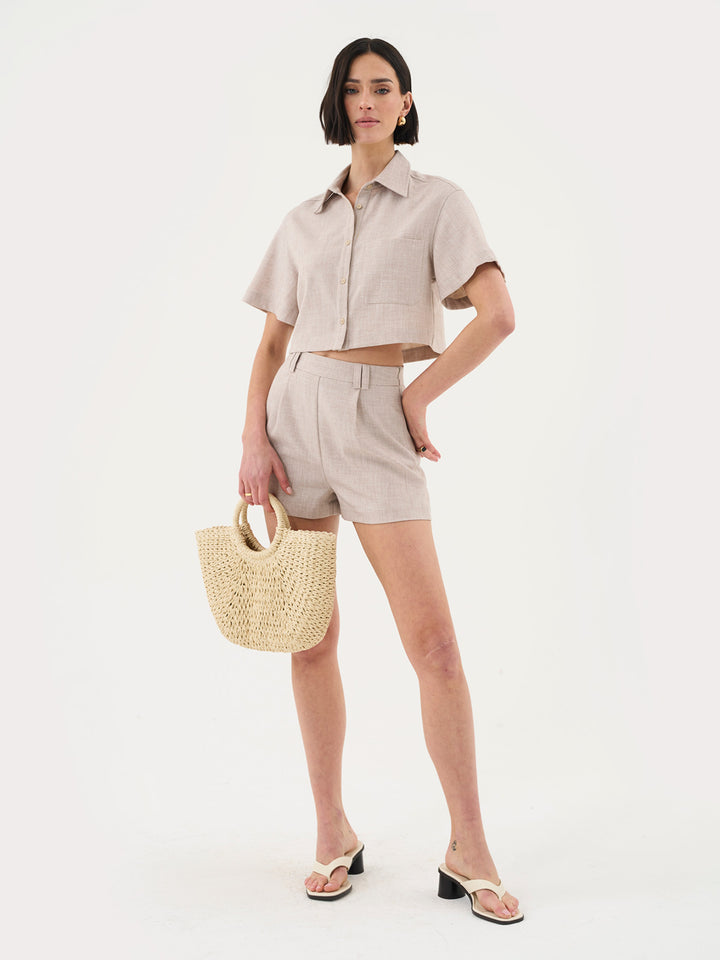 Cropped Shirt Co-ord in Sand