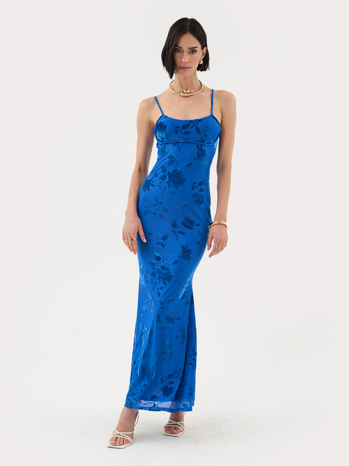 Strappy Floral Burnout Maxi Dress In Cobalt Blue