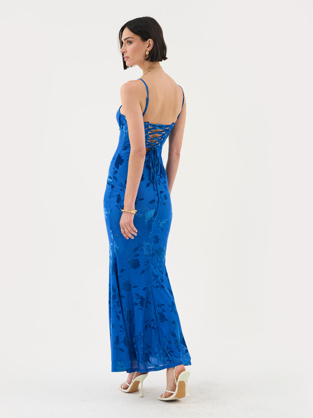 Strappy Floral Burnout Maxi Dress In Cobalt Blue