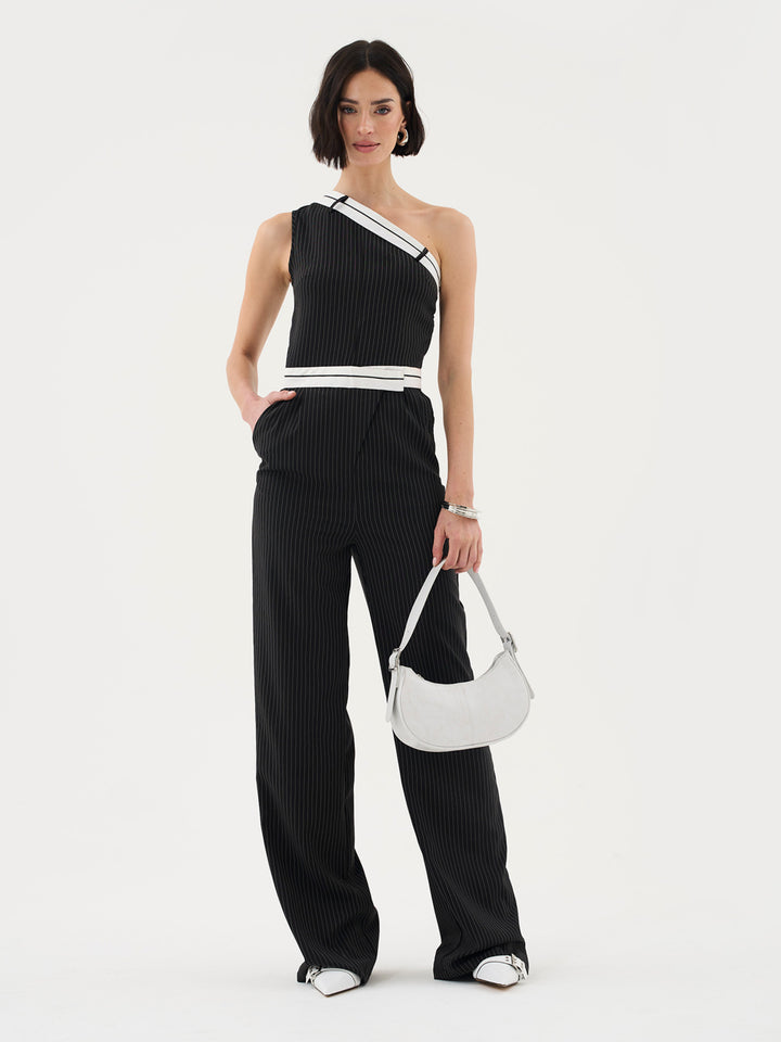 One-Shoulder Pinstripe Jumpsuit With Waistband Detail