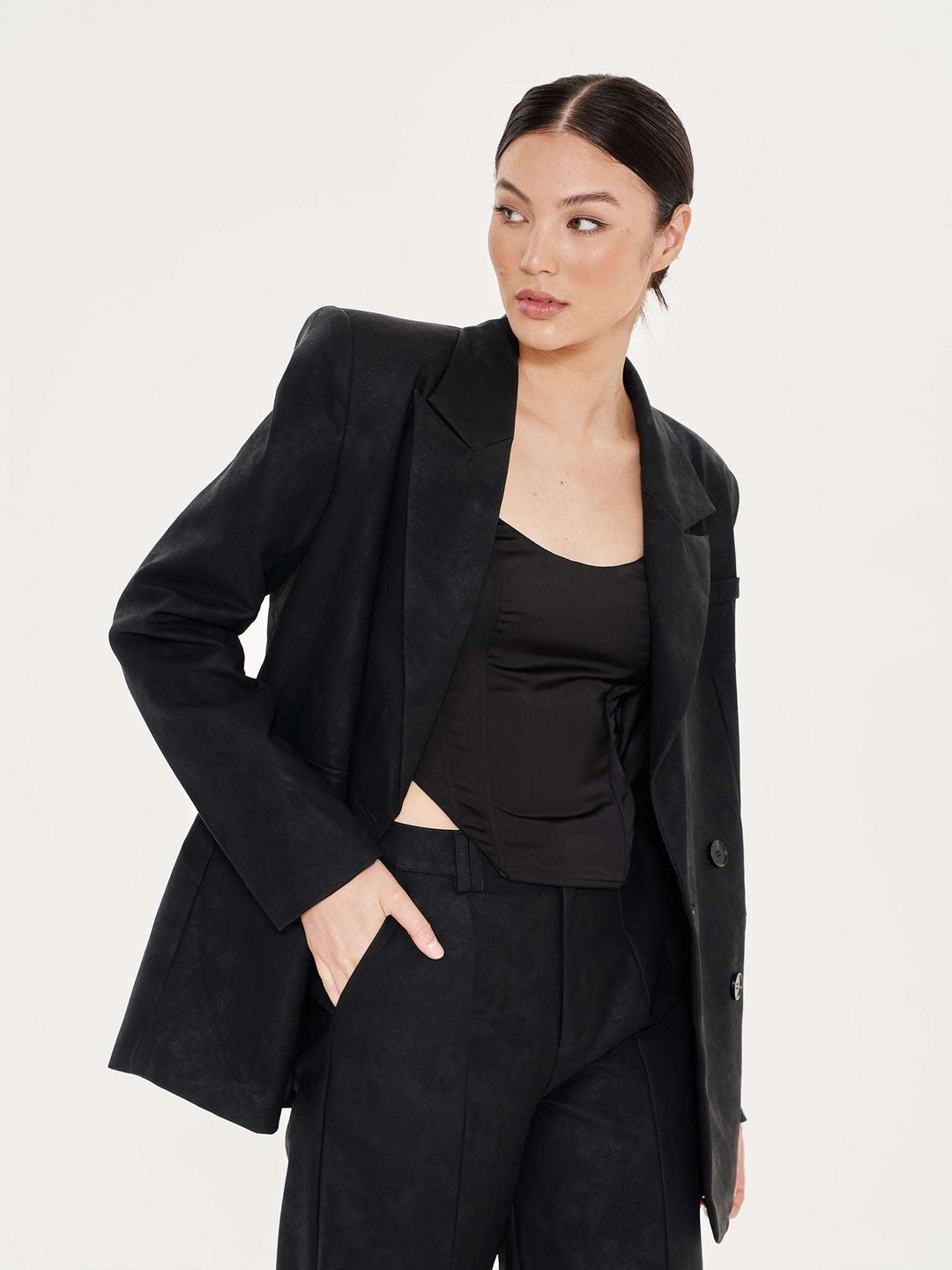 Faux Leather Double Breasted Blazer - Black