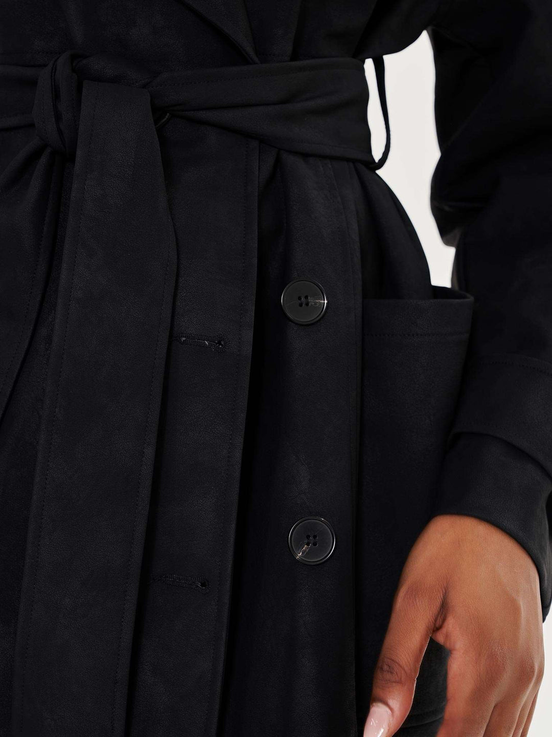 Faux Leather Lapel Detail Trench Coat - Black