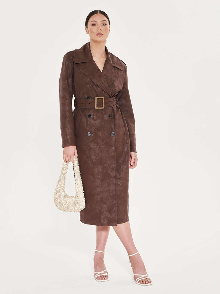 Faux Leather Trench Coat - Brown