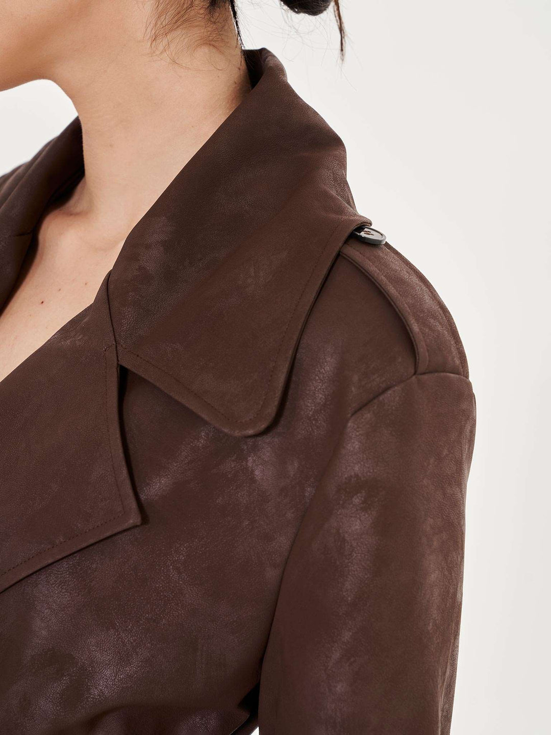 Faux Leather Trench Coat - Brown