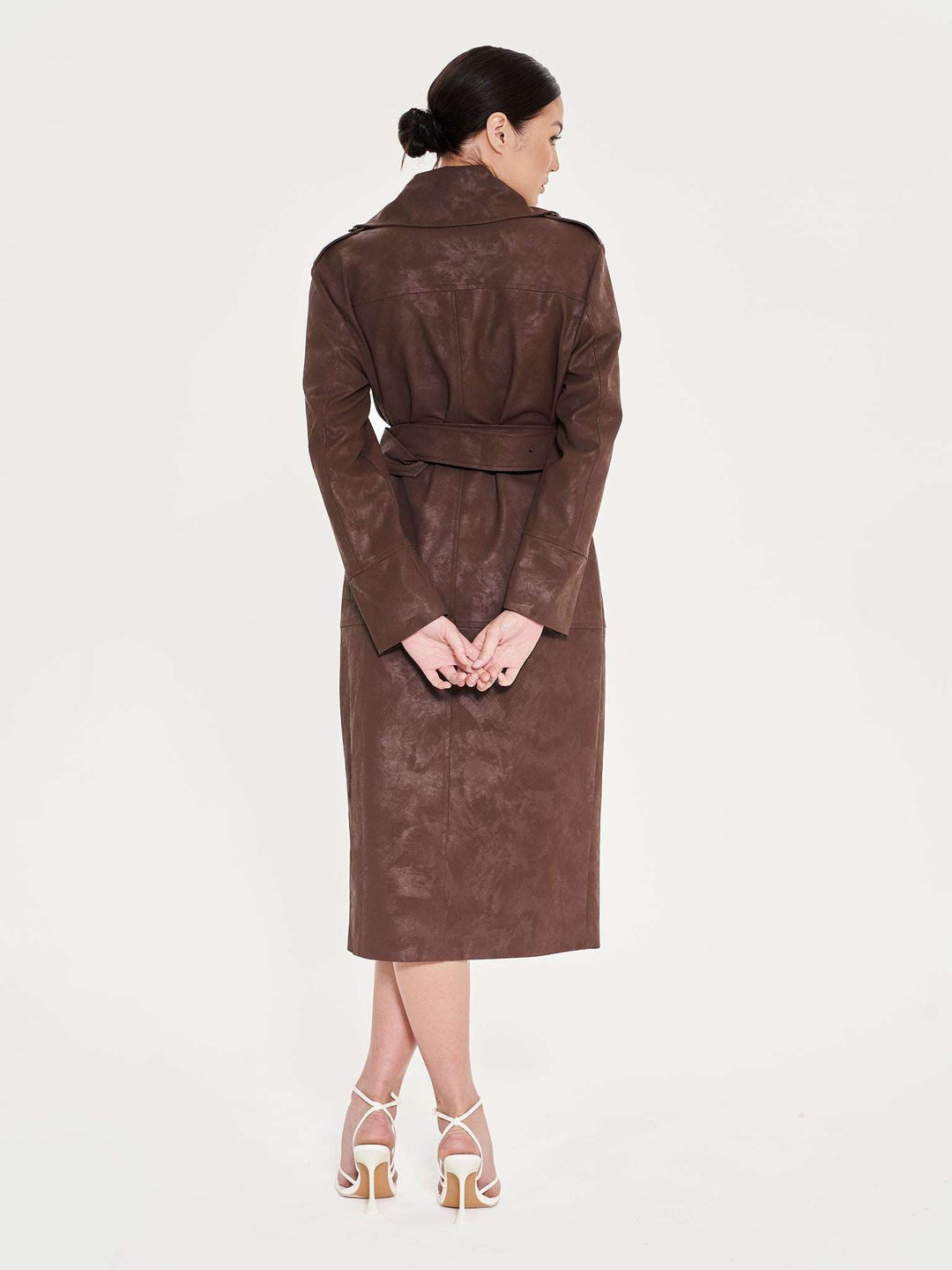 Faux Leather Trench Coat - Brown