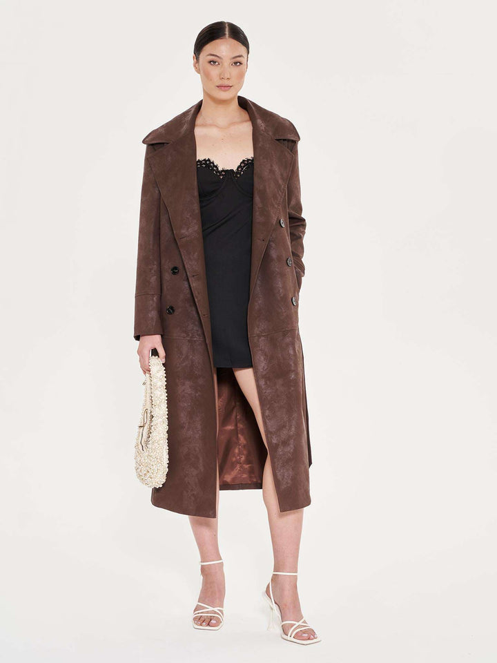 Faux Leather Trench Coat - Brown