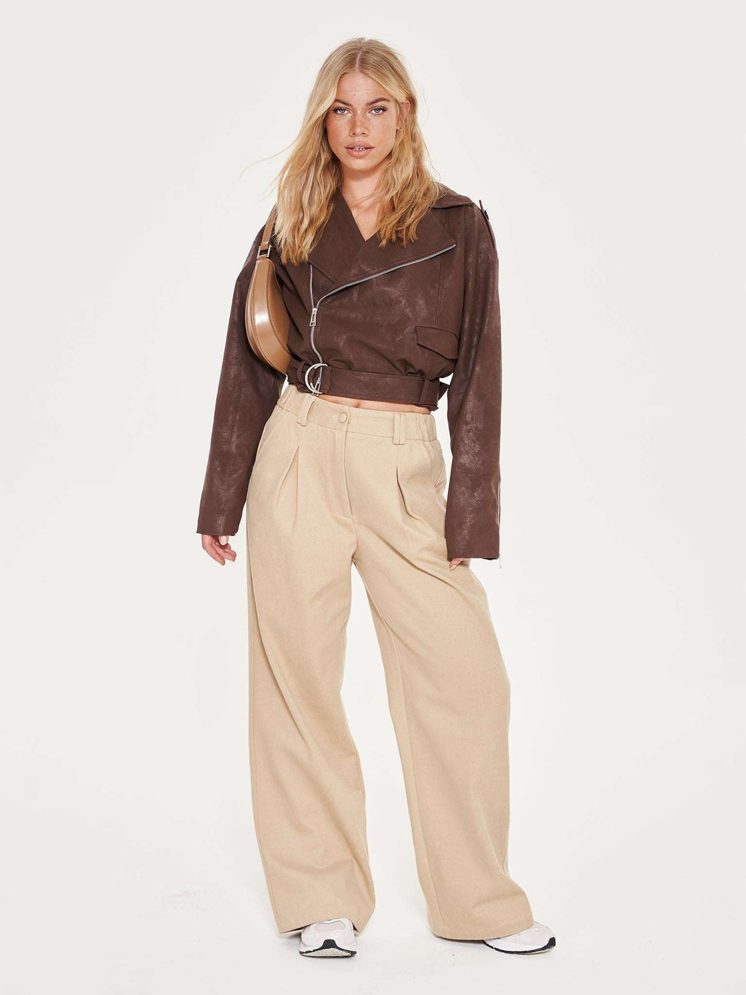 Oversized Cropped Faux Leather Biker Jacket - Brown