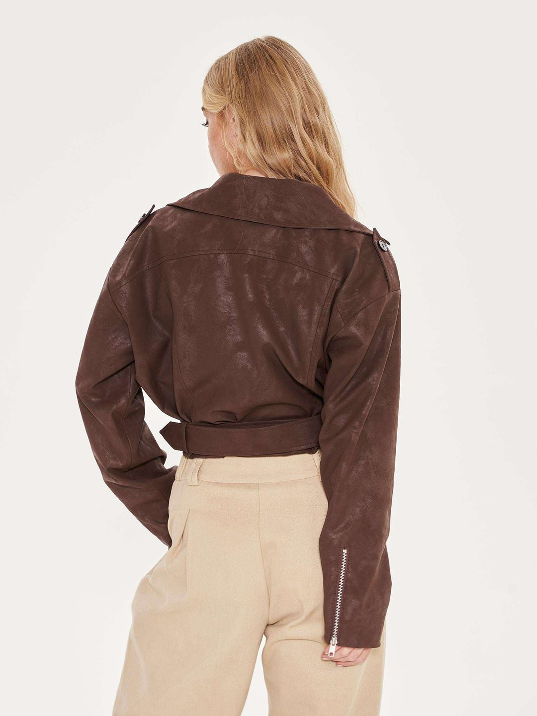 Oversized Cropped Faux Leather Biker Jacket - Brown