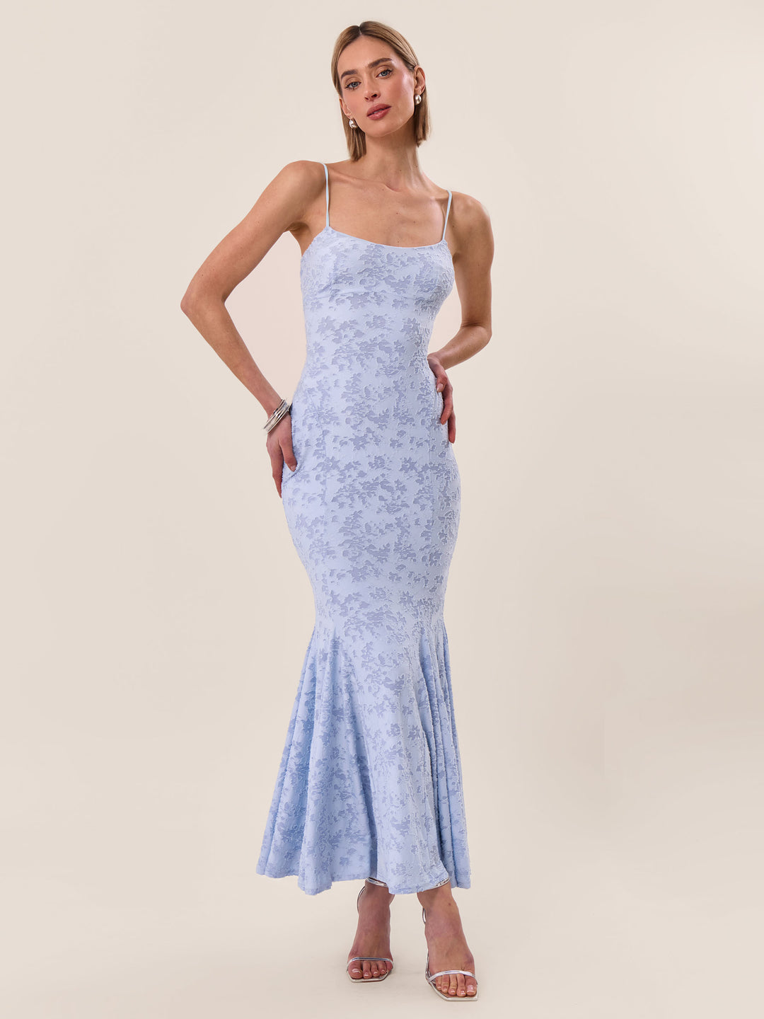 BURNOUT JACQUARD FISHTAIL Blue MAXI DRESS