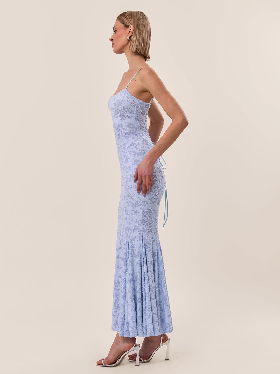 BURNOUT JACQUARD FISHTAIL Blue MAXI DRESS