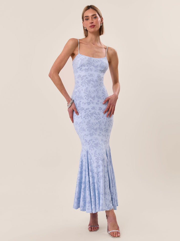 BURNOUT JACQUARD FISHTAIL Blue MAXI DRESS