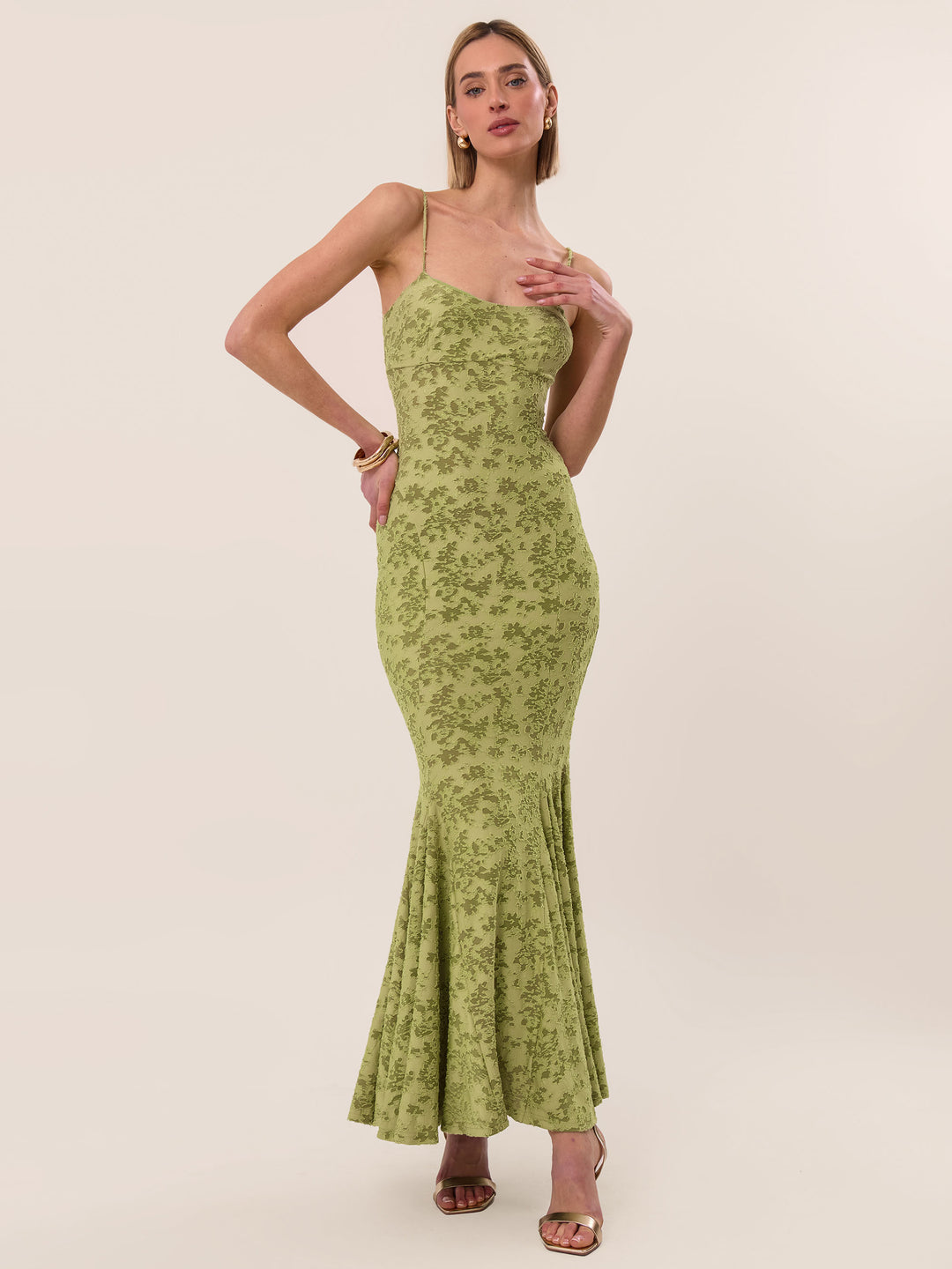 BURNOUT JACQUARD FISHTAIL Green MAXI DRESS