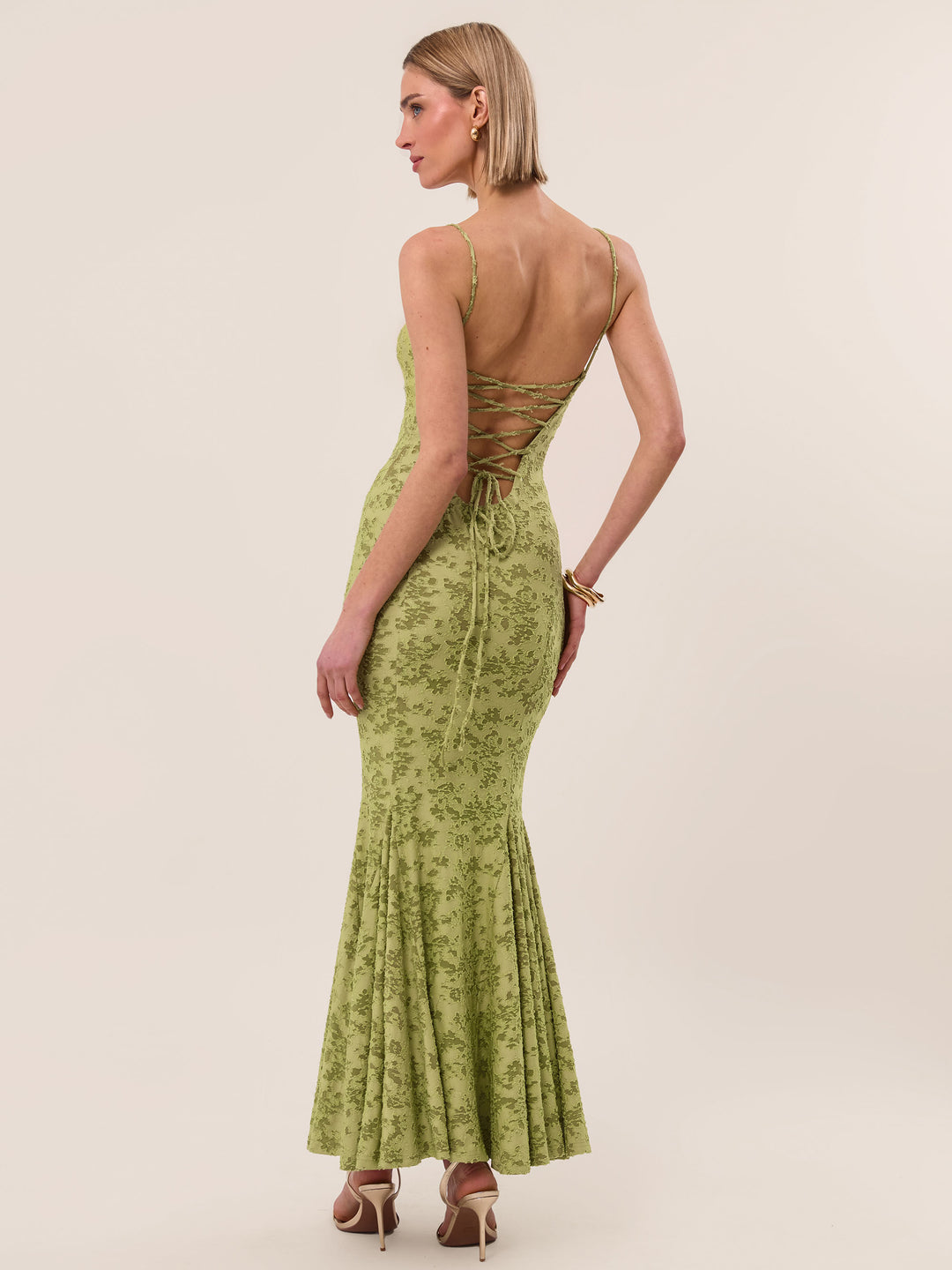 BURNOUT JACQUARD FISHTAIL Green MAXI DRESS