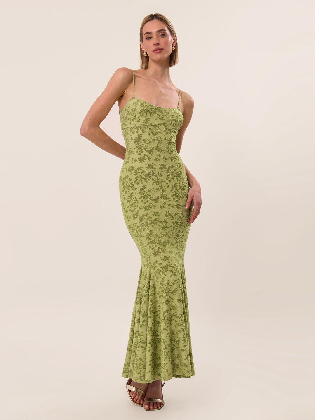 BURNOUT JACQUARD FISHTAIL Green MAXI DRESS