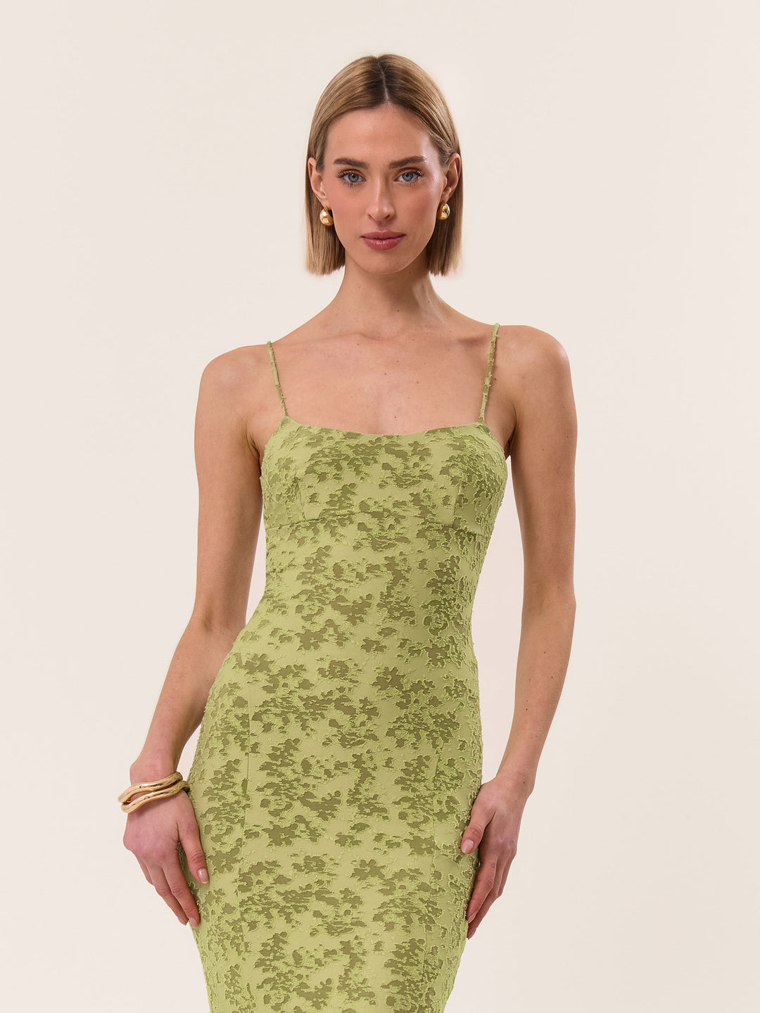 BURNOUT JACQUARD FISHTAIL Green MAXI DRESS