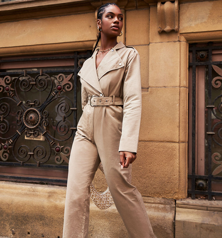 Belted Tailored Jumpsuit with Lapel Detail - Khaki