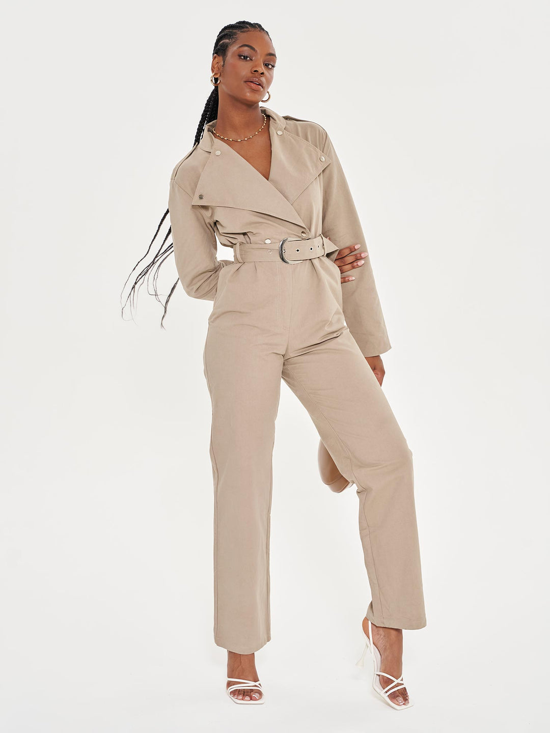 Belted Tailored Jumpsuit with Lapel Detail - Khaki