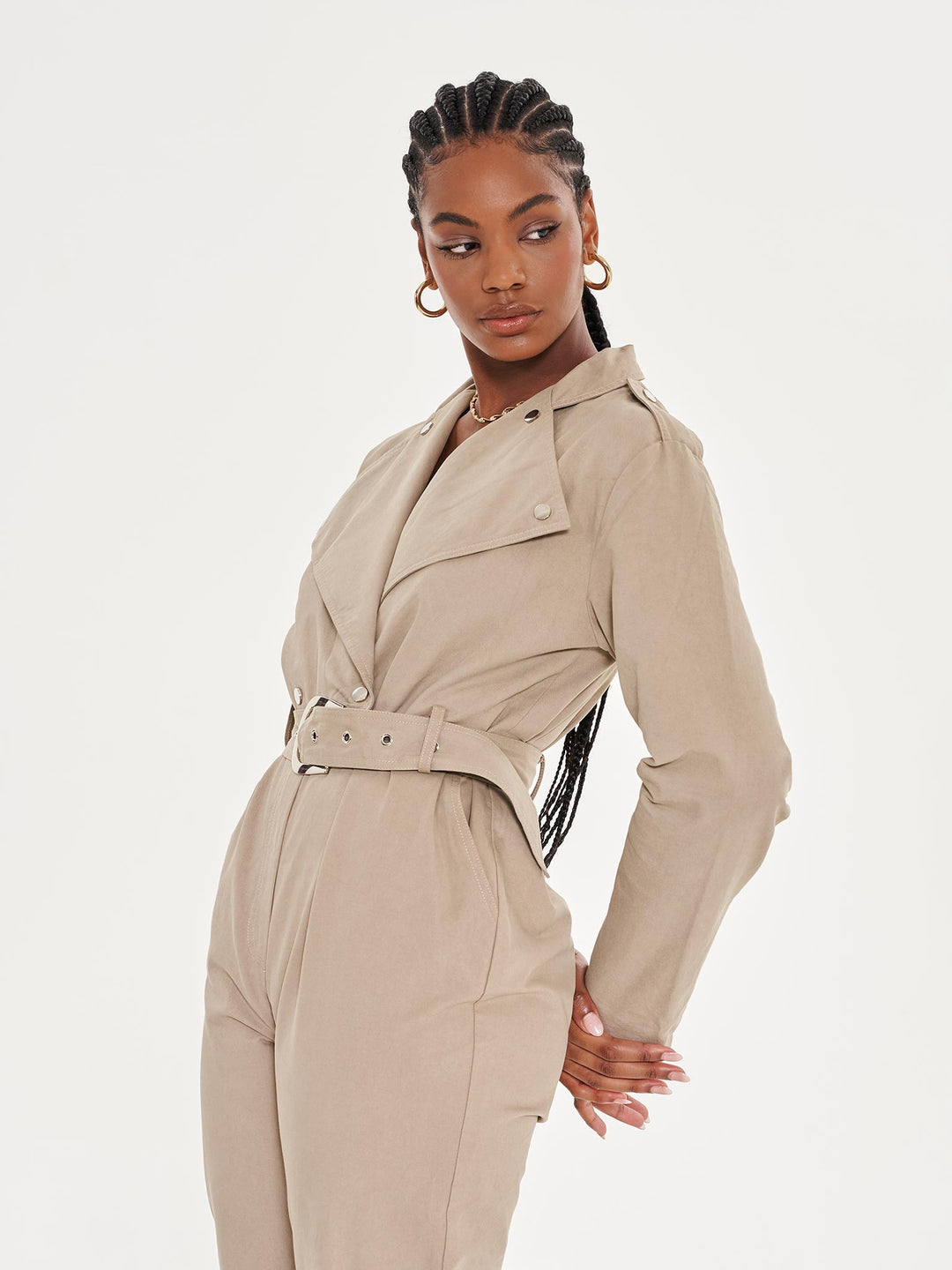 Belted Tailored Jumpsuit with Lapel Detail - Khaki