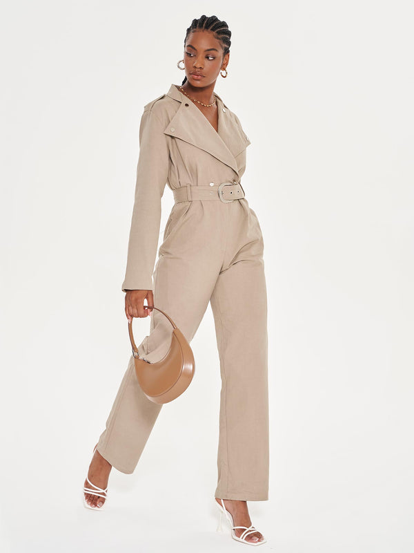 Women's Petite Cape Sleeve Belted Tailored Jumpsuit