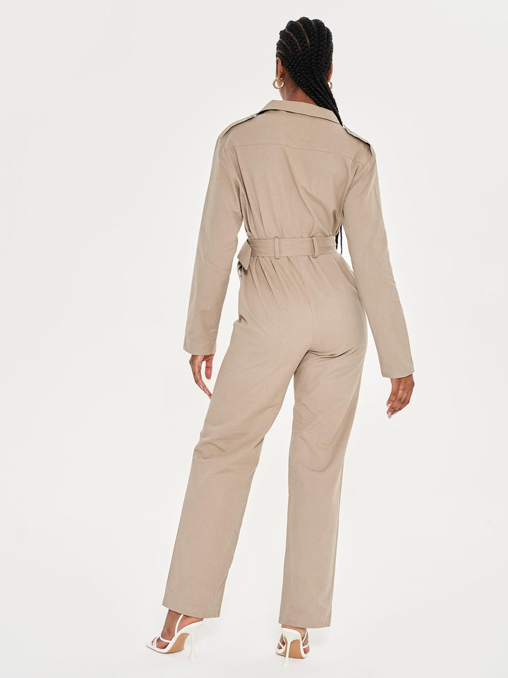 Belted Tailored Jumpsuit with Lapel Detail - Khaki