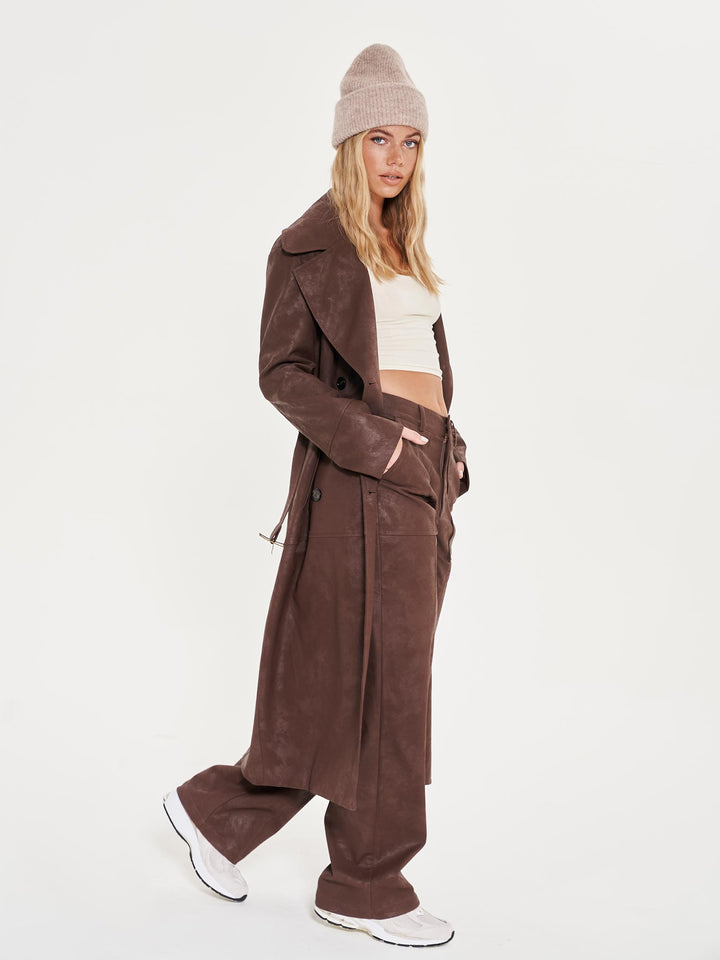 Faux Leather Brown Wide Leg Trousers - Brown