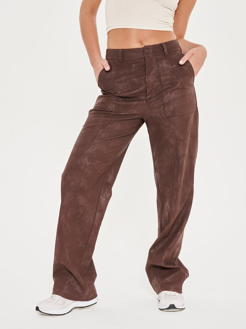 Faux Leather Brown Wide Leg Trousers - Brown – EXTRO&VERT