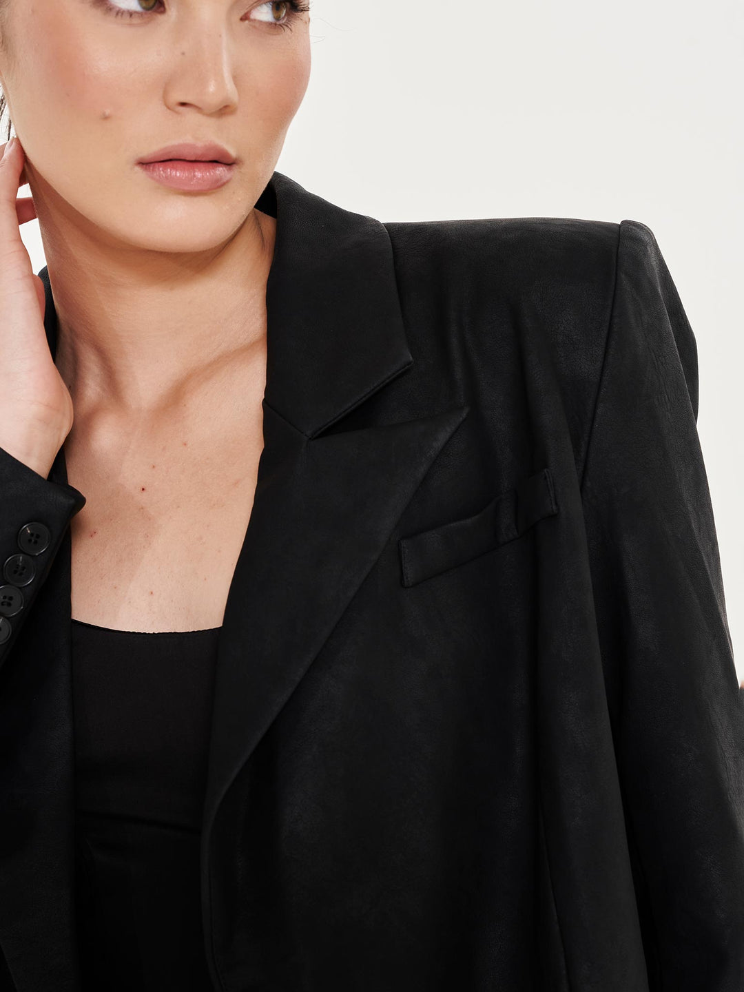 Faux Leather Double Breasted Blazer - Black